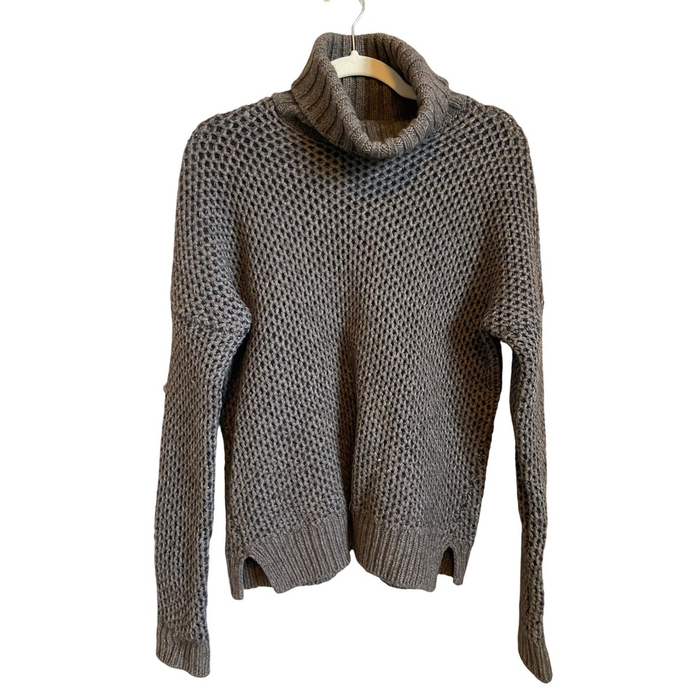 Vince Yak Wool Blend Open Knit Turtleneck Sweater Brown Taupe Small
